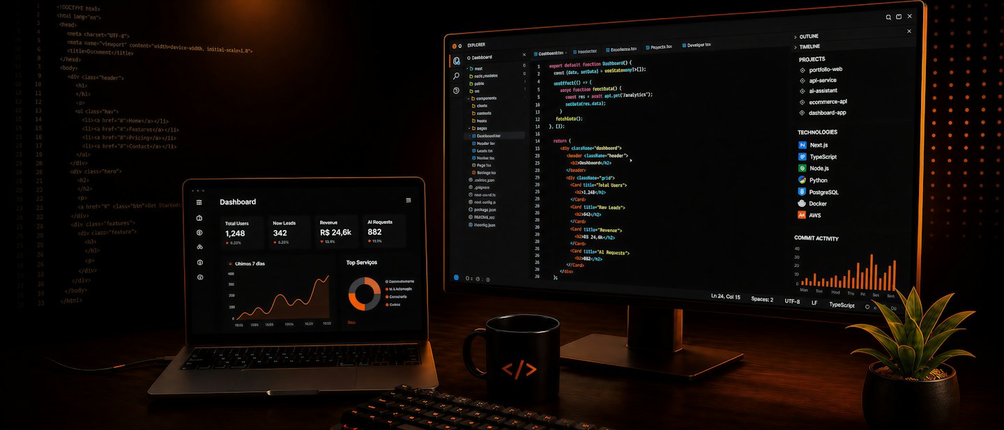 Laptop dan monitor menampilkan kode perangkat lunak dan dasbor bisnis.